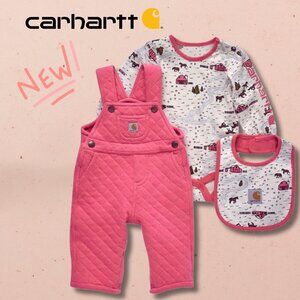 NEW 3PC SET Carhartt Baby Girls Long Sleeve Bodysuit Overalls Bib Pink Cowgirl